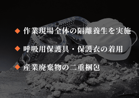 作業現場全体の隔離養生を実施、呼吸用保護具・保護衣の着用、産業廃棄物の二重梱包